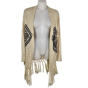 Hippie Laundry Sweater Cardigan Women Small Open Front Fringe Aztec Boho Crochet